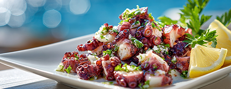 Photo d'un plat de Poulpes snacké à l'ail et au romarin vue mer