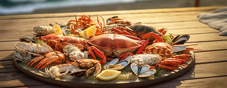 Photo d'un Plateau de Fruits de Mer sur une table face au soleil couchant