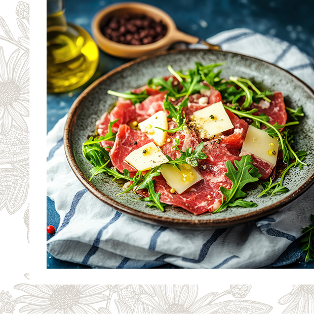 Carpaccio de boeuf à l’huile d’olive et aux copeaux de parmesan