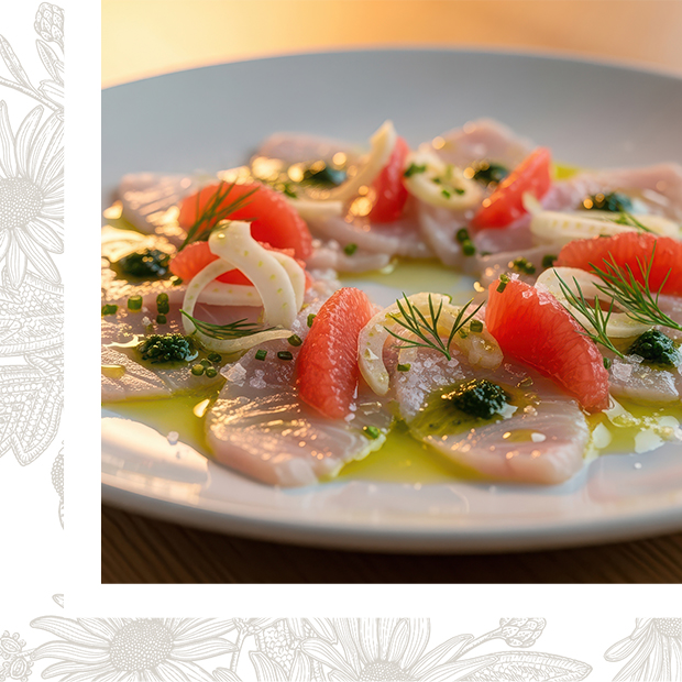 Carpaccio de daurade, agrumes et huile d’olive