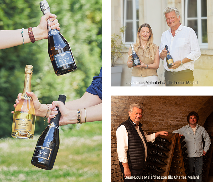 Photos de Jean-Louis Malard et de sa fille Louise Malard, ainsi que de son fils Charles Malard, et d'une partie de la gamme de Champagne Malard