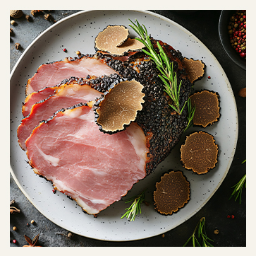 Jambon blanc truffé accompagnés d'une coupe de Champagne Blanc de Noirs Excellence Malard