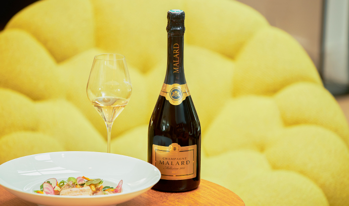Bouteille de Champagne MILLÉSIMÉ 2015 EXCELLENCE Malard sur un rebord de fenêtre en extérieure de la propriété