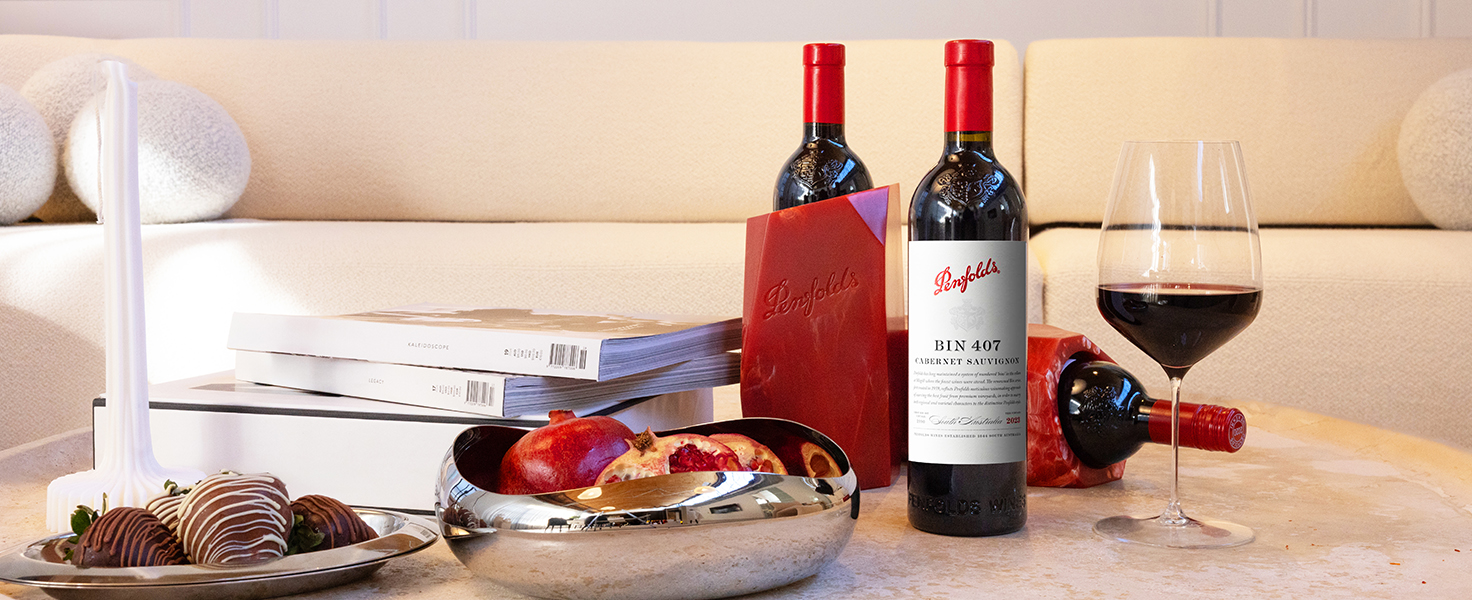 Deux Bouteilles de vins rouges Bin 407 Penfolds sur une table basse dans un salon